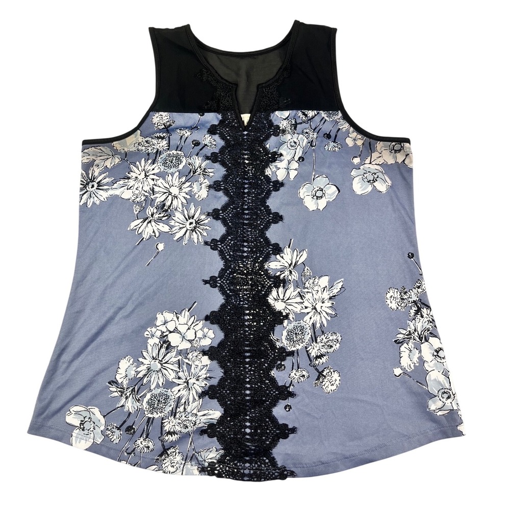 Maurices Womens Blue Floral Sleeveless Blouse Black Crochet Lace Mesh Yoke Med